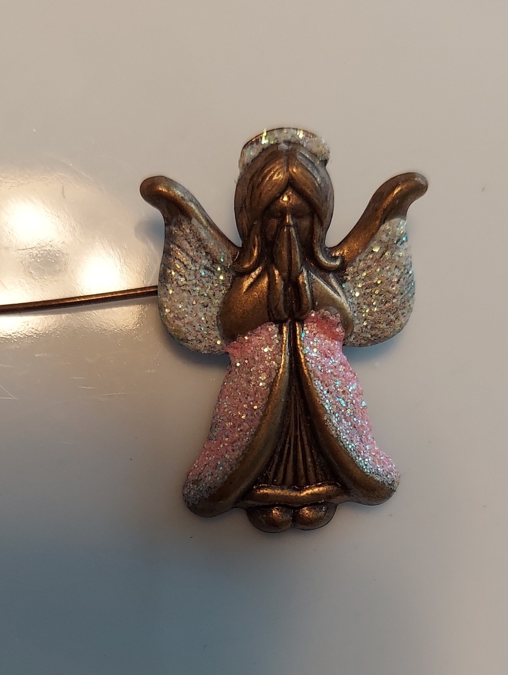 Mid-Century Bronze Angel Pin with Pink & White Glitter Accents EUC RARE!